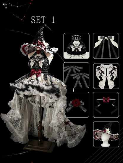 Black and Red Halter Neck Little Witch Lolita Backless Dress + High-low Skirt Full Set