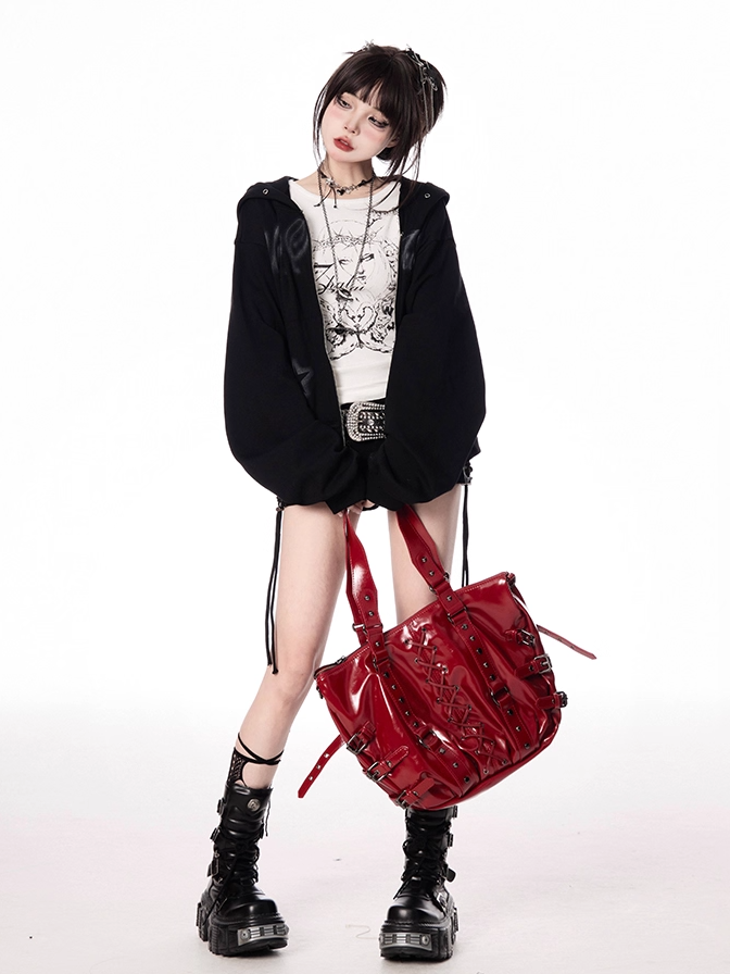 Black Letter and Star Print Zip-up Hoodie for Autumn