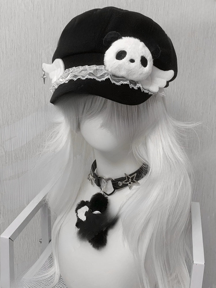 Black Lace Trim Wing Decorated Beret Hat With Plush Panda
