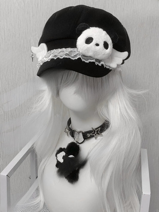 Black Lace Trim Wing Decorated Beret Hat With Plush Panda