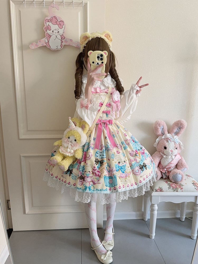 Teddy and Ice Cream Print Yellow Sweet Lolita Jumper Skirt
