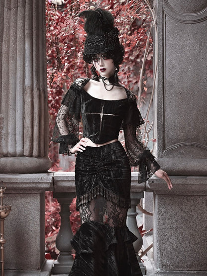 Halloween Gothic Black Cropped Velvet Top Bishop Lace Sleeves