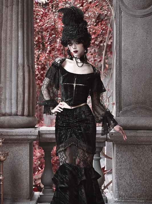 Halloween Gothic Black Cropped Velvet Top Bishop Lace Sleeves