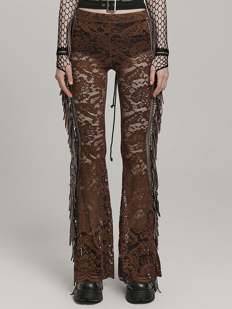 Clearance-Size S for Waist 67CM Coffee Goth Lace Trousers