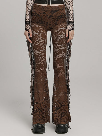 Clearance-Size L for Waist 77CM Coffee Goth Lace Trousers