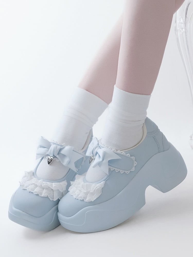 Light Blue Lace Trim Bowknot Velcro Strap Closures Jirai Kei Platforms