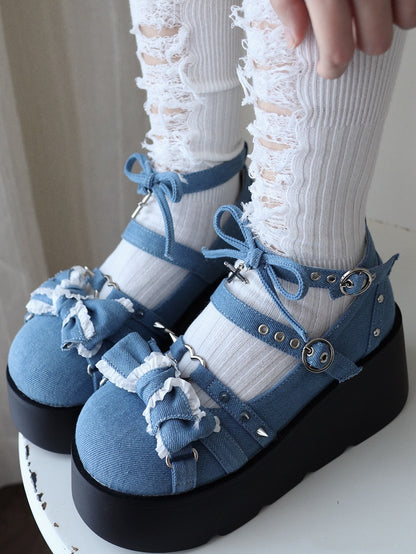 Spike Studs Bow Accents Blue Cross Gothic Platforms Punk Shoes