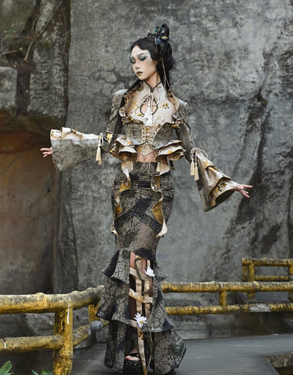 Dusty Green Under Bust Snakeskin Grain Jacket Cascading Ruffle Trim