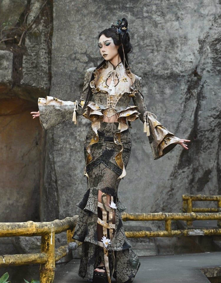 Dusty Green Under Bust Snakeskin Grain Jacket Cascading Ruffle Trim