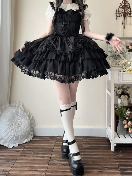 Black Drawstring Overlay Tiered Skirt Princess Lolita Kuro Dress