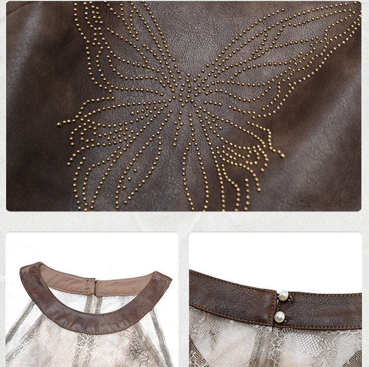 Dark Brown Wasteland Punk Halter Neck PU Butterfly Top