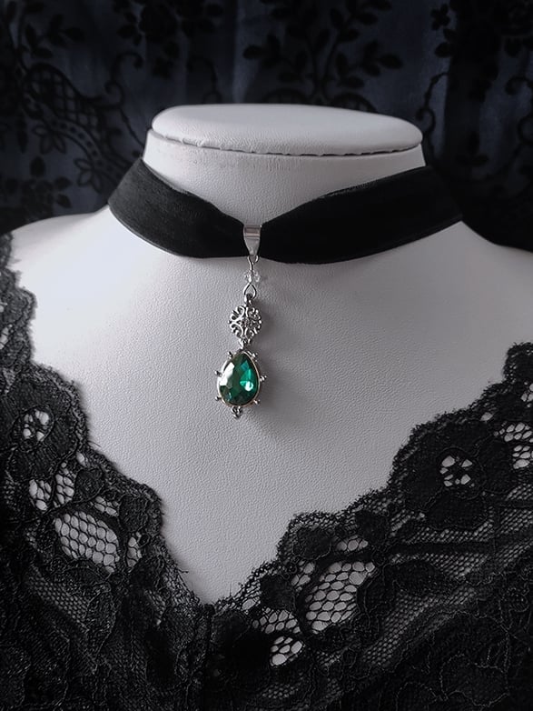 Blue/Green Rhinestone Victorian Gothic Black Velvet Choker