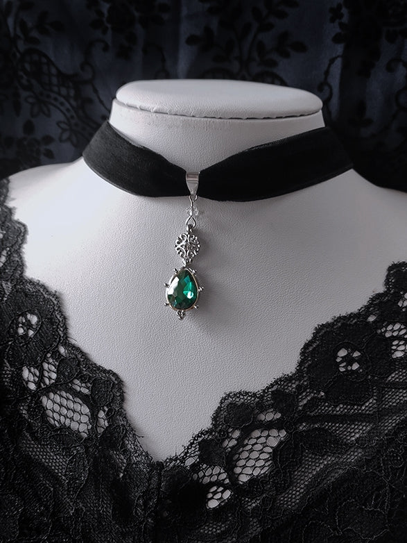 Blue/Green Rhinestone Victorian Gothic Black Velvet Choker