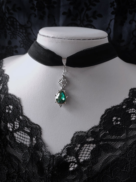 Blue/Green Rhinestone Victorian Gothic Black Velvet Choker