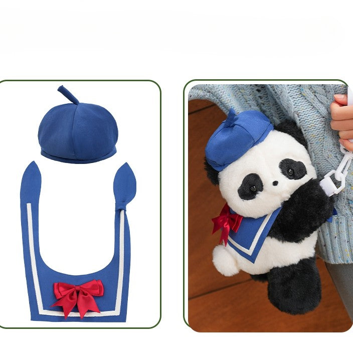 Cute Panda Plush Backpack/Crossbody Bag + Blue Hat + Sailor Collar Middle/Large Size