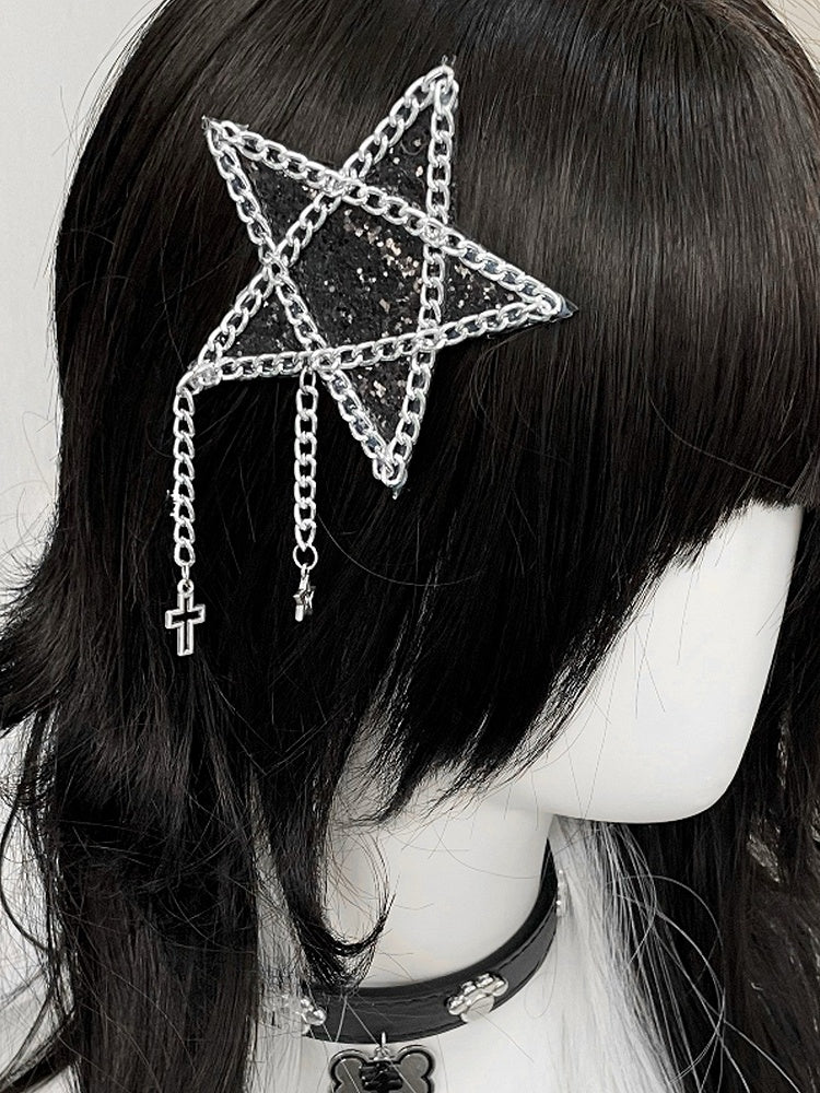 Black/Pink Cross Charm Rhinestone Star Hairclip