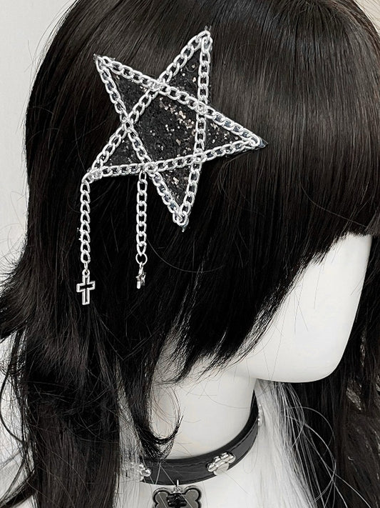 Black/Pink Cross Charm Rhinestone Star Hairclip