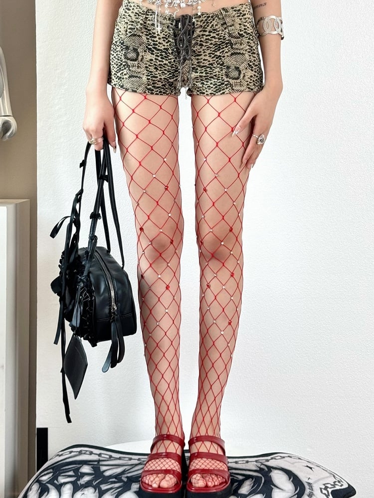 Red/Black Y2K Rhinestone Decorated Fishnet Design Tights