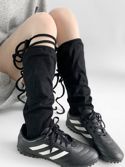 Black/Gray Self-tie Straps Leg Warmers