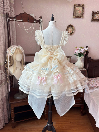 Apricot Corset Waist Layered Tulle Skirt Princess Lolita JSK with Big Bow at Back