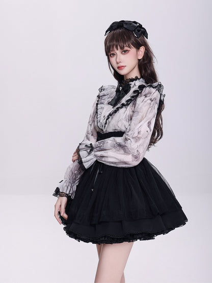 Elegant Gray Floral Jirai Kei Blouse