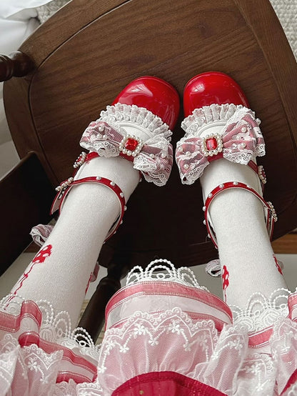 Polished Red Detachable Rhinestone And Beaded Decorated Bowknot Lace Trim Platform High Block Heels