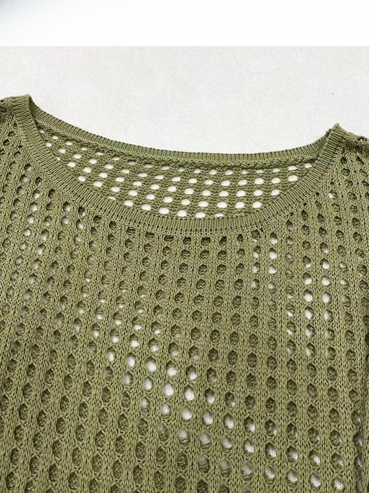 Army Green Hollow-out Design Semi-sheer Long Sleeves Top