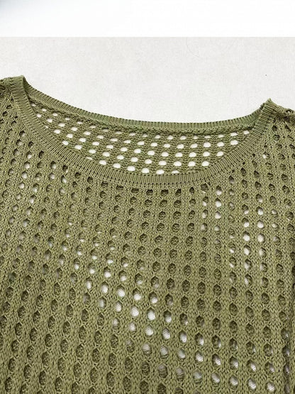 Army Green Hollow-out Design Semi-sheer Long Sleeves Top