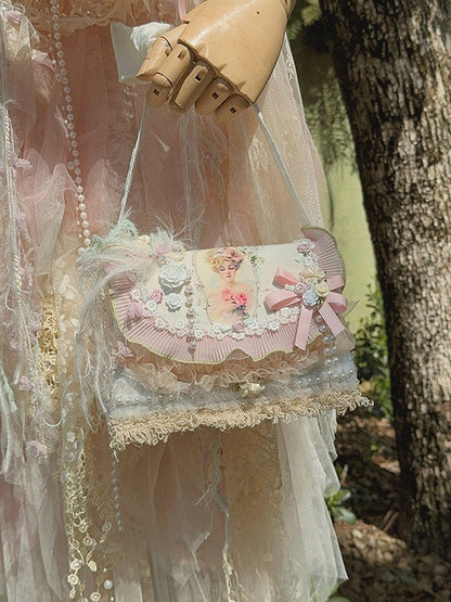 Light Pink Floral Design Feather Decorated Shoulder Bag