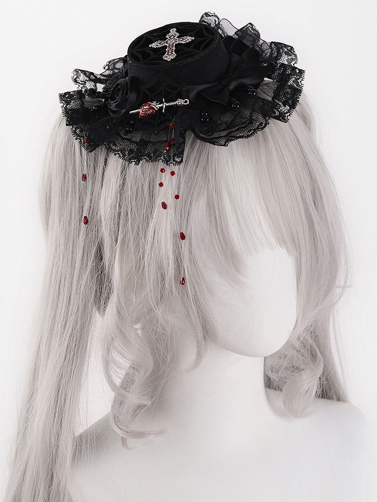 Gothic Black Rosette Design Bowknot Mini Flat Hat with Beads