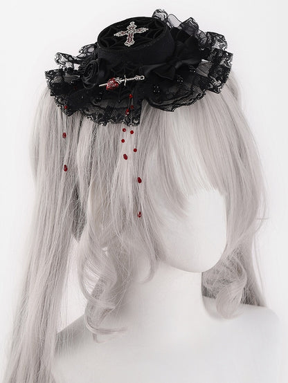 Gothic Black Rosette Design Bowknot Mini Flat Hat with Beads