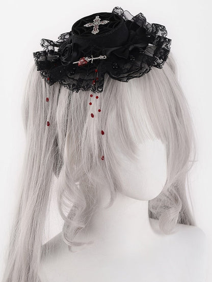 Gothic Black Rosette Design Bowknot Mini Flat Hat with Beads