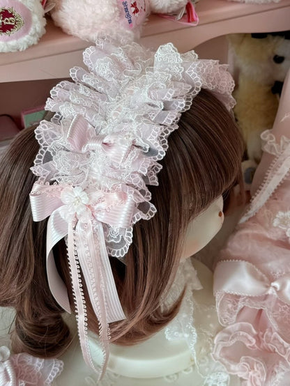 Pink/Pink&Blue Floral Design Bowknot Details Ruffled Hairband