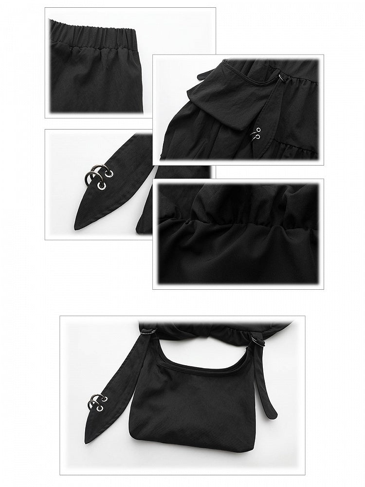 Plus Size Black Knee-Length Bubble Skirt with Hooked Pockets & Elastic Waist