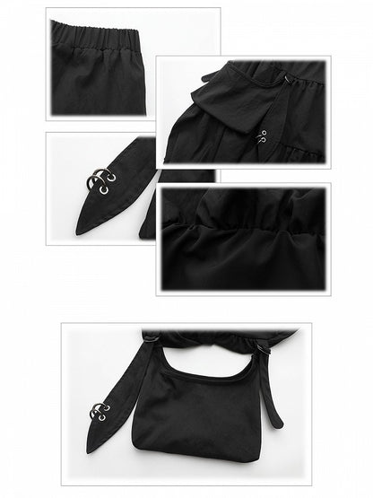 Plus Size Black Knee-Length Bubble Skirt with Hooked Pockets & Elastic Waist