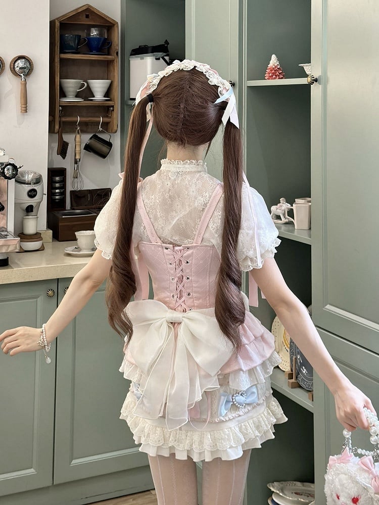 Pink and Blue Bow Accents Sweet Lolita Full Set - Cami Top + Skirt + Puff Sleeves Cropped Top