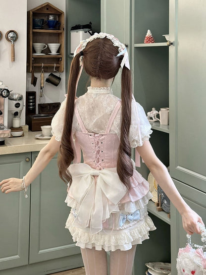 Pink and Blue Bow Accents Sweet Lolita Full Set - Cami Top + Skirt + Puff Sleeves Cropped Top