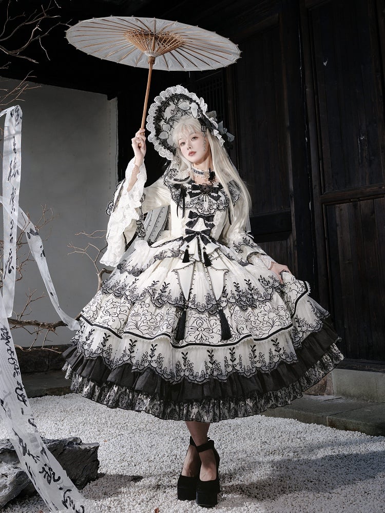 Shimmer Butterfly Fabric White and Black Chinoiserie Style Ink and Wash Lolita Dress Long Version