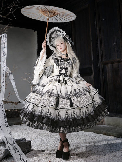 Shimmer Butterfly Fabric White and Black Chinoiserie Style Ink and Wash Lolita Dress Long Version