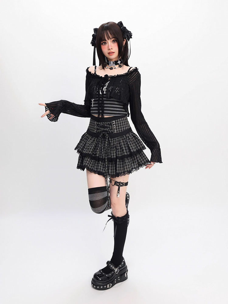 Black and Gray Plaid Lace-up Waist Tiered Skirt