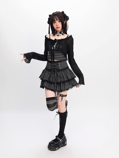 Black and Gray Plaid Lace-up Waist Tiered Skirt