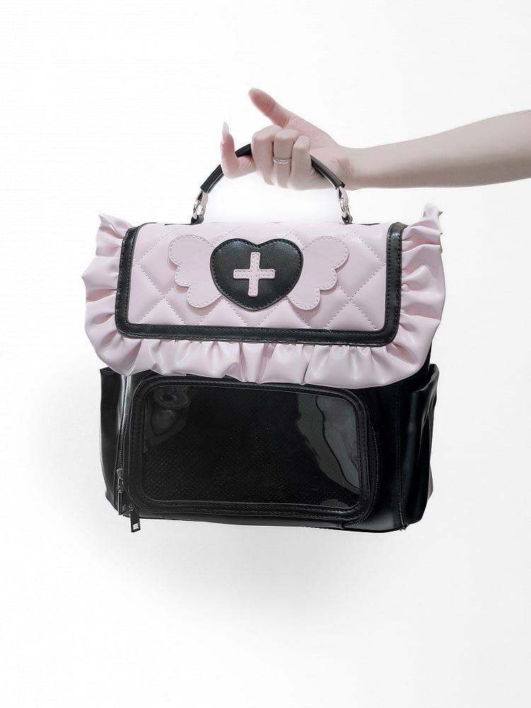 Black & Pink Jirai Kei Ita Bag – Heart & Angel Wings Decoration, Harajuku Style