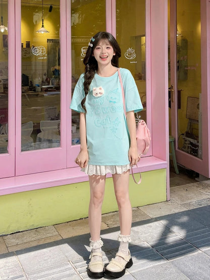 Pink/Mint Blue Round Neck Kitty Print Loose T-shirt with Kitty Plushie