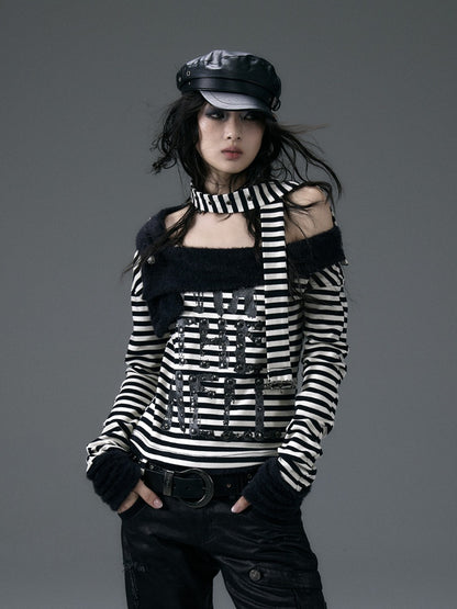 Red&White/Black&White Stripes Letter Print Top with Detachable Plush Collar