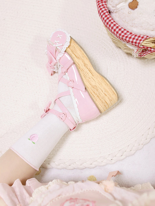 Polished Pink Bunny Ear Bowknot Old School Sweet Lolita Platforms