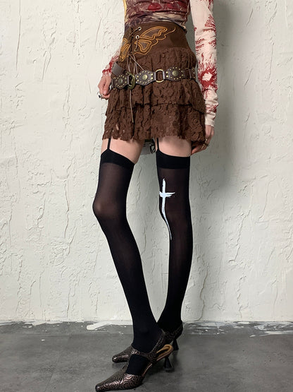 Black Y2K Cross Print Suspender Stockings