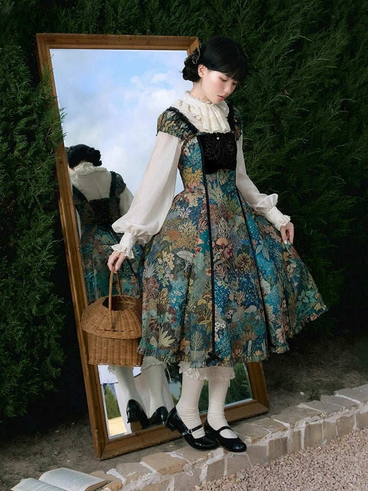 Green & Blue Floral Print Elegant Classic Lolita Dress with Lily Embroidery on the Chest