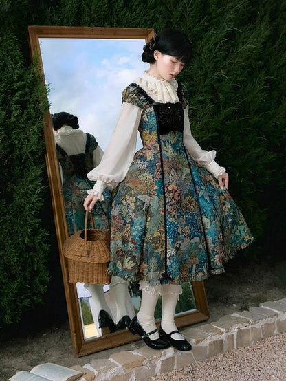 Green & Blue Floral Print Elegant Classic Lolita Dress with Lily Embroidery on the Chest