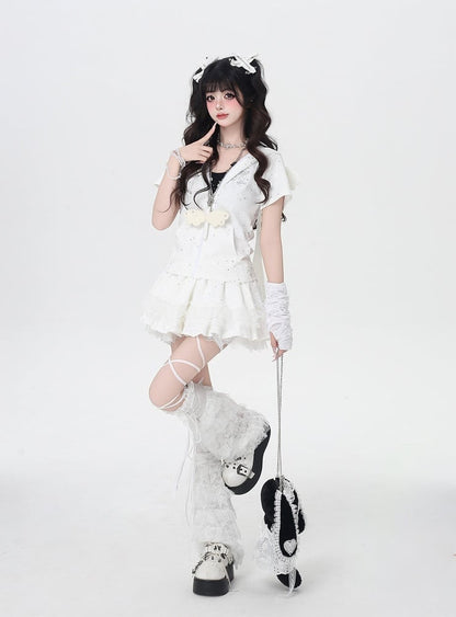 Bunny Ears and Angel Wings Design Hood Allover Star Print White Zip-up Jacket