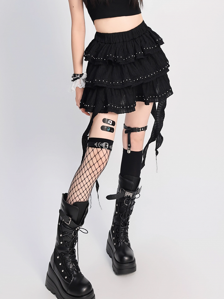 Black Cascading Ruffles Stud Details Balletcore Tiered Skirt